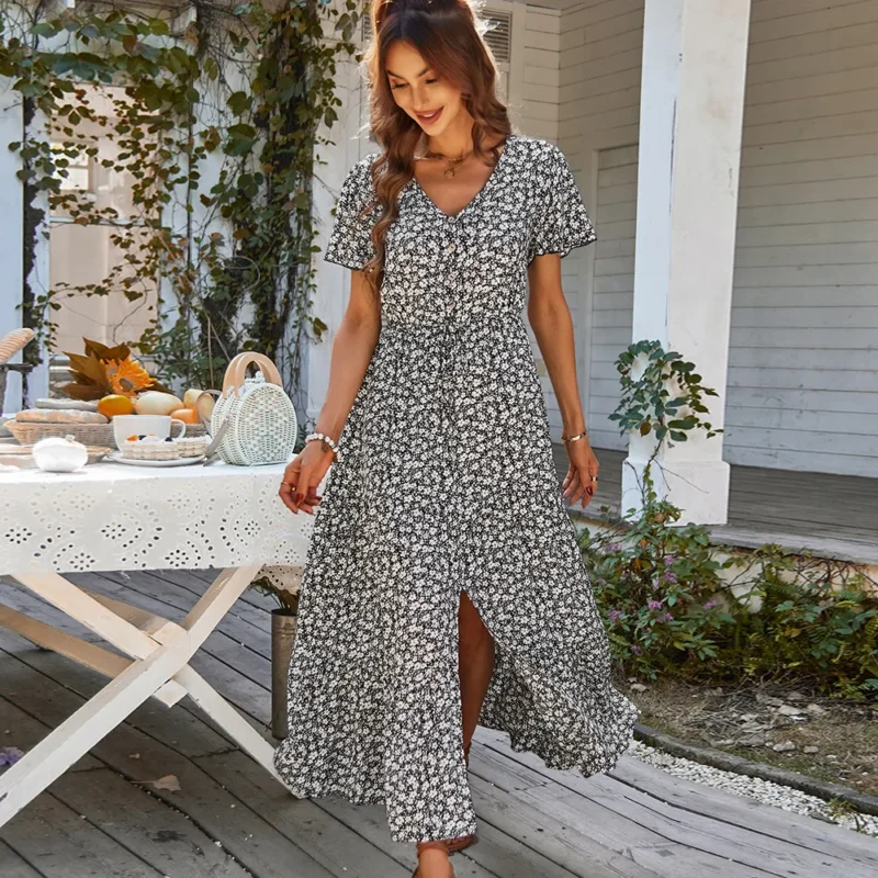 robe boheme vintage noire à fleurs