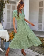 robe boheme vintage verte à fleurs