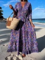 robe longue manche 3/4 boheme violette.webp
